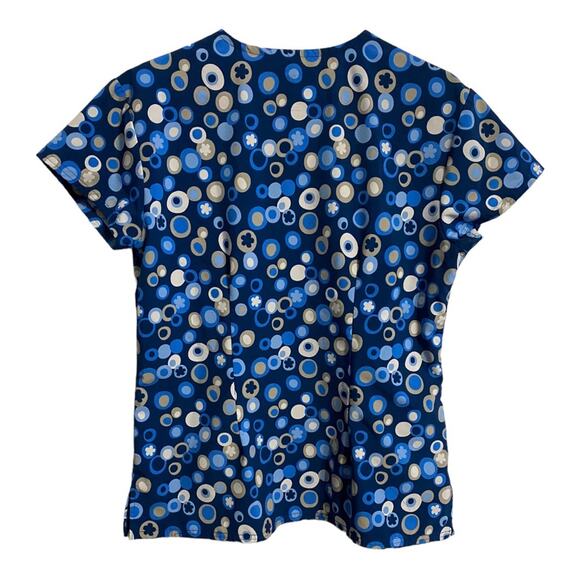 Scrub Top Divine Stretch Size Small Blue Print Front Pockets V Neck - Picture 2 of 12